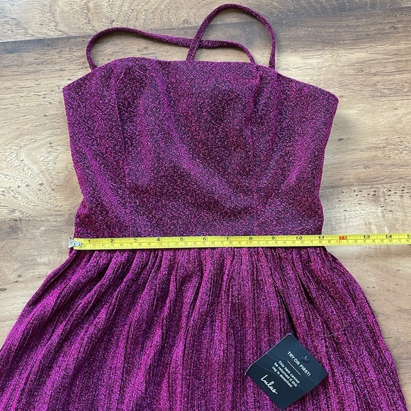 NWT Lulus Party Era Magenta Sparkly Lace-Up Pleated Skater Dress - Picture 7 of 9